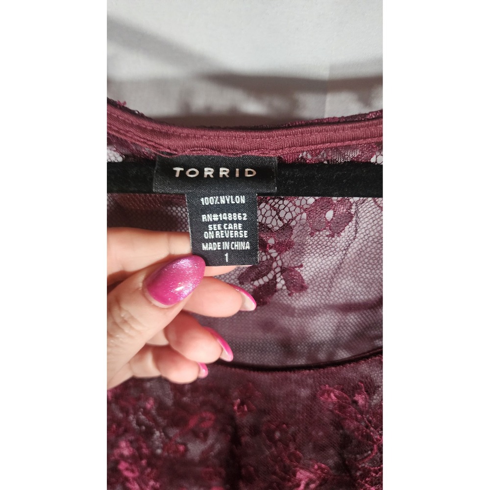Torrid Womens Sheer Floral Lace Babydoll Top Burgundy Whimsigoth Boho Plus 1 - Picture 3 of 3